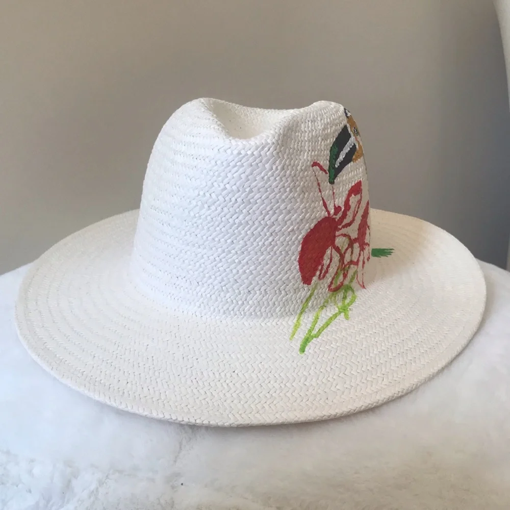 Onia Rosa Panama Hat w Hand Painted Toucan & Flower Detail Limited Edition NWT